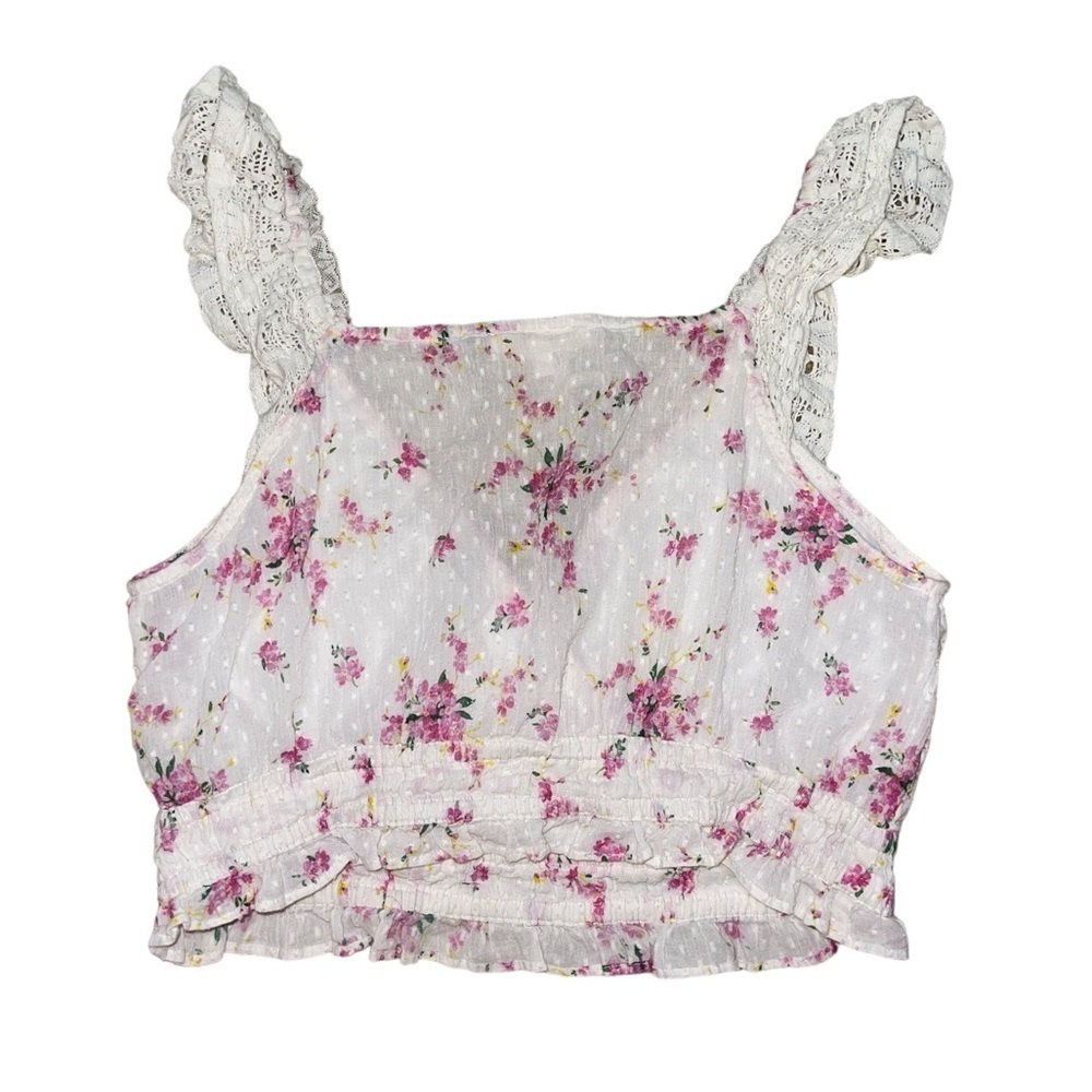 Love Shack Fancy white pink floral lace crochet sleeve crop tank women’s size L - Picture 2 of 8